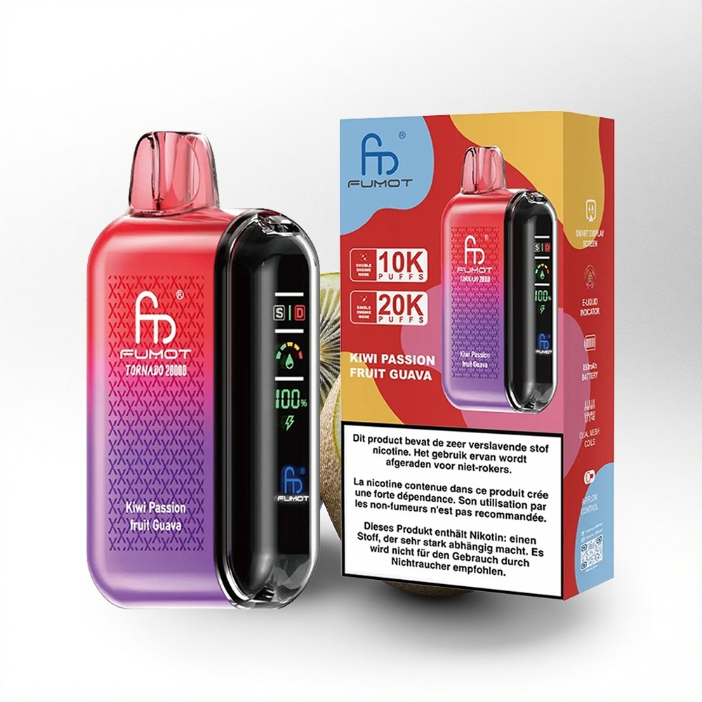 Fumot Tornado 20000 Puffs Kiwi Passievrucht Guave Dual Mesh Coil Smart Display Luchtstroomregeling