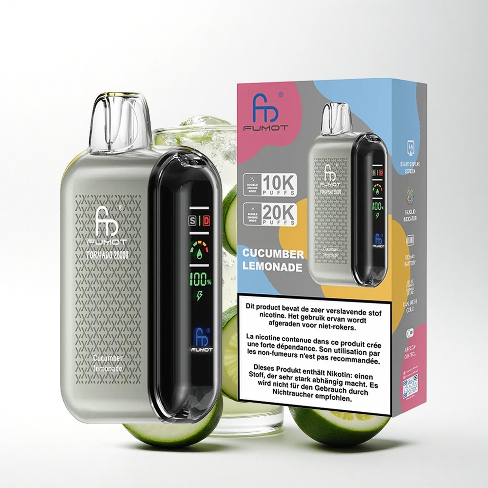 Fumot Tornado 20000 Puffs Komkommer Limonade Dual Mesh Coil 20ml Slim Display
