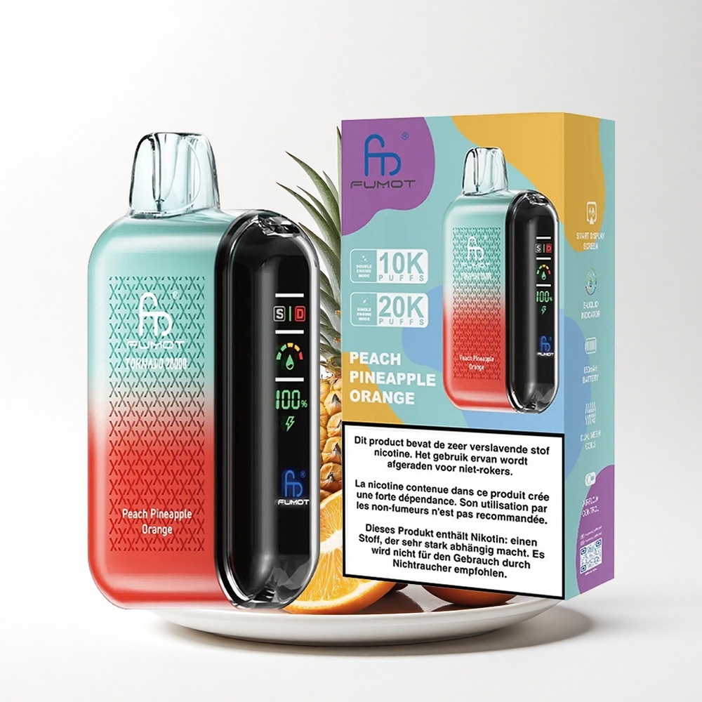 Fumot Tornado 20000 Puffs Perzik Ananas Sinaasappel Dual Mesh Coil 20ml Display