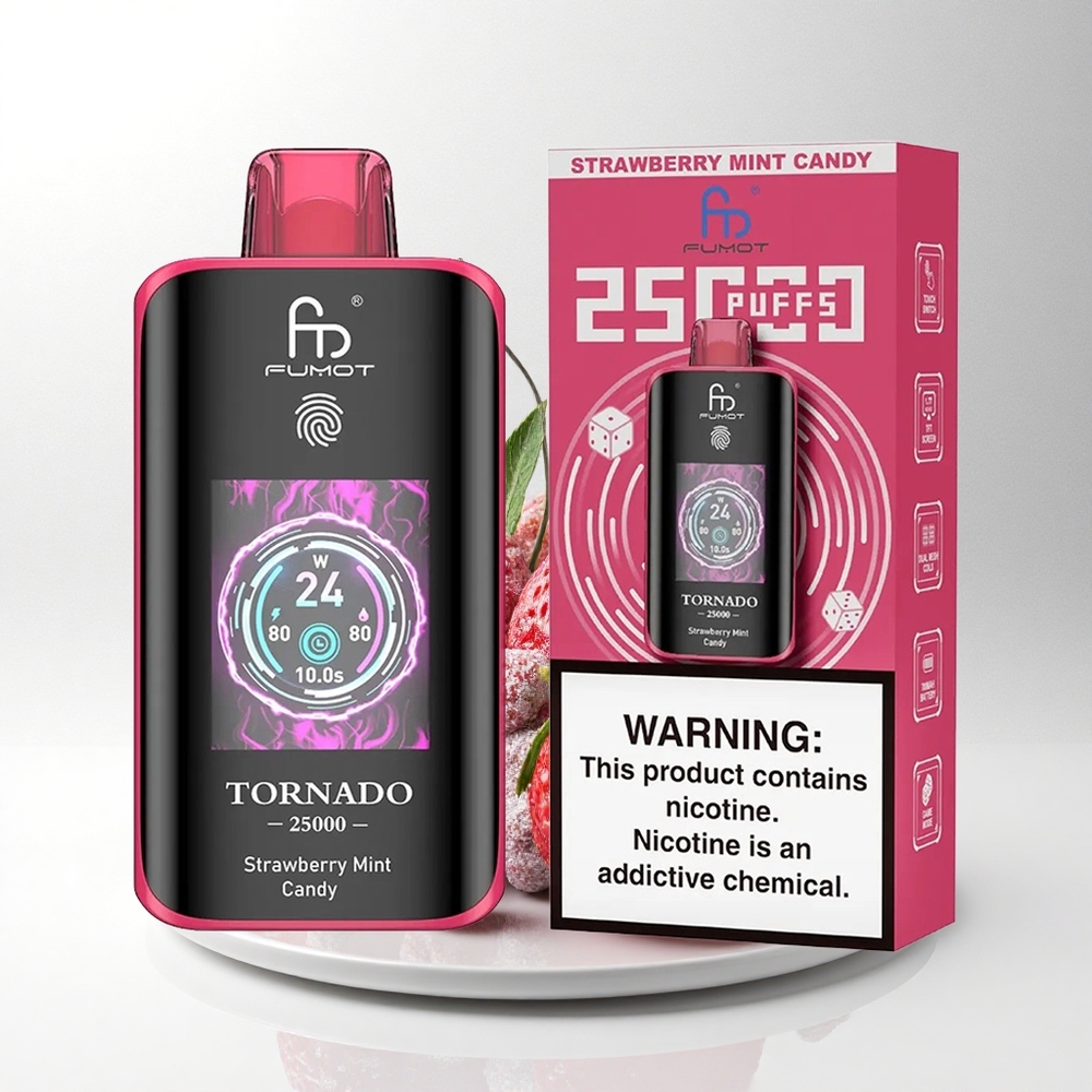 Fumot Tornado 25000 Puffs Aardbei Munt Snoep met HD Scherm en 700mAh Batterij